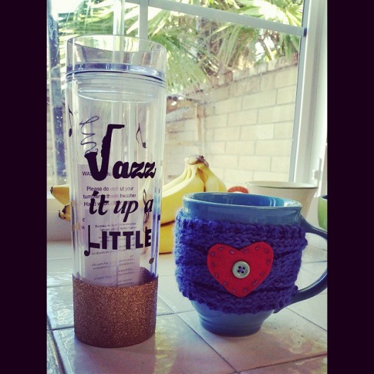 These were Christmas gifts for my boys' teachers.  I made the mug cozy (first knitting project ever!) and my talented friend made the jazz tumbler.